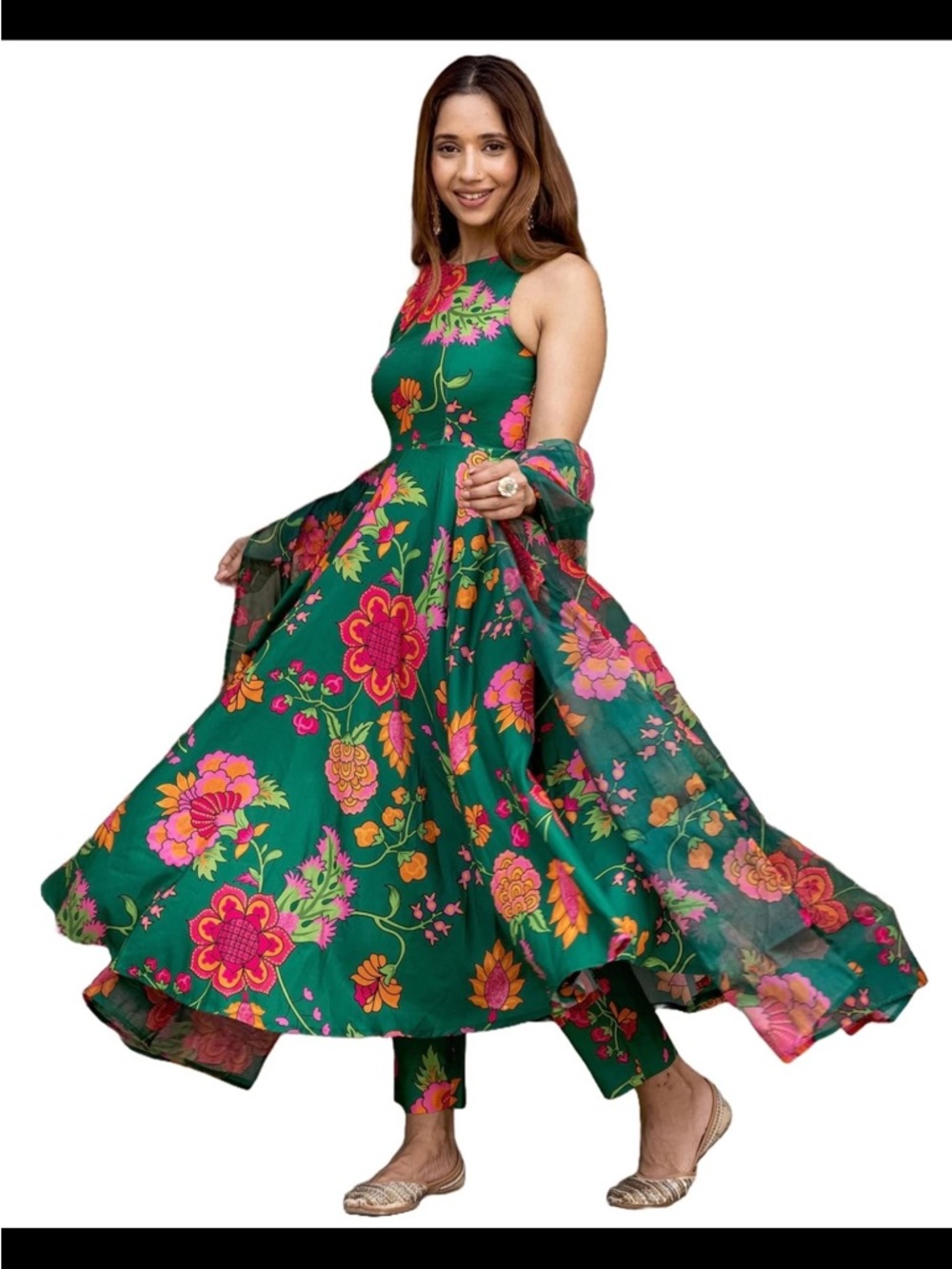 ANNI DESIGNER Women's Cotton Blend Anarkali Printed Kurta with Pant & Dupatta
